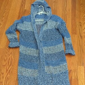 GAP Blue and Gray Knit Women's M Long Cardigan Sweater With Hood